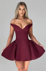  Women's burgundy off-the-shoulder dress.