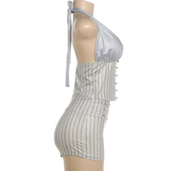 Grey Stripe Halter Tie-Up Crop Top And Shorts Set