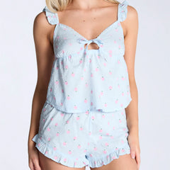Floral Print  Crop Top And Ruffle Hem Shorts Pajama Set