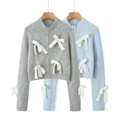 Knit Bow Zipper Crop Cardigan