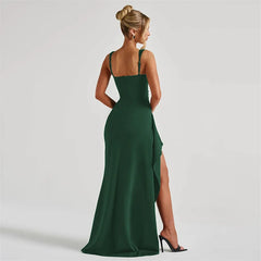 Square Neck Strap Thigh High Split Draped Long Dress
