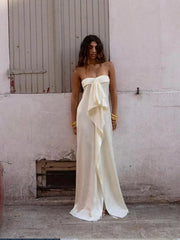 White Satin Front Tie Strapless Maxi Dress
