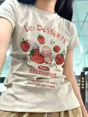 Les Dessert Strawberry & Letter Print Short Sleeve T-Shirt