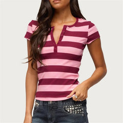 Pink Striped  Half Button Short Sleeve T‑Shirt