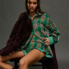 Plaid Print Button Down Lapel Long Sleeve Tops with Ruffled Shorts Set
