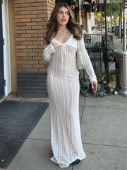 White Lace Mesh Layered Long Sleeve Maxi Dress Free From Label