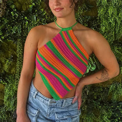 Striped Crochet Open Back Tie Up Top