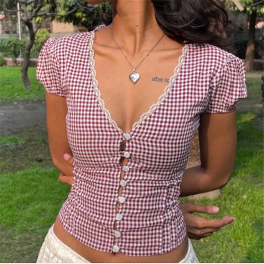 Red Gingham Puff Sleeve Button Back Tie Blouse