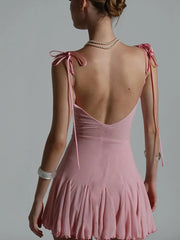 Pink Pleated Lace Tie Up Mini Dress