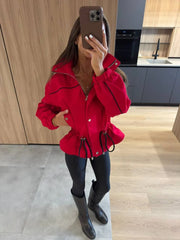 High Neck Snap Button Drawstring Crop Jacket
