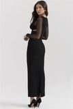 Mesh Long Sleeve Bodycon Deep Neck Maxi Dress