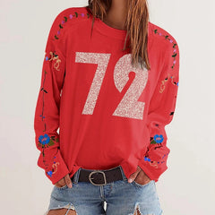 Graphic Numer Floral Embroidery Long Sleeve Shirt
