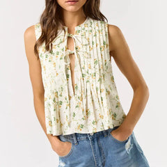 Pleated Floral Print Tie-Up Top