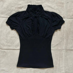 Black Hook High Neck Cut Out Short Sleeve Top