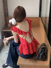 Red Flying Sleeve Open Back Lace-up Hollow Out Top