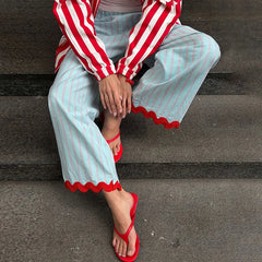 Striped Contrast Wave Cut  Wide Leg Pants