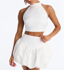 Halter Back Bow Crop Top And Bubble Mini Skirt Set
