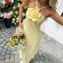 Yellow Halter Maxi Dress with 3D Flower Detail