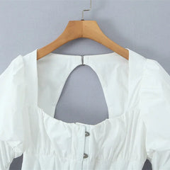 White Puff Square-neck Long-sleeve Lace Up Top