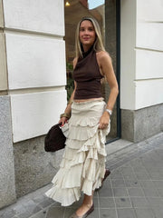 Elastic Waist Ruffles Tiered Midi Skirt