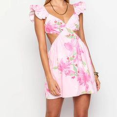 Pink V-Neck Sleeve Tie Up Floral Mini Dress