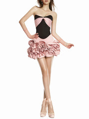 Black Satin Strapless Croset Top And 3d Frill Flower Mini Skirt Two-Piece Set