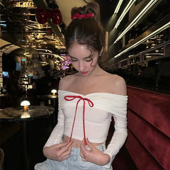 White Bow Off Shoulder Long Sleeve Crop Top - Free From Label