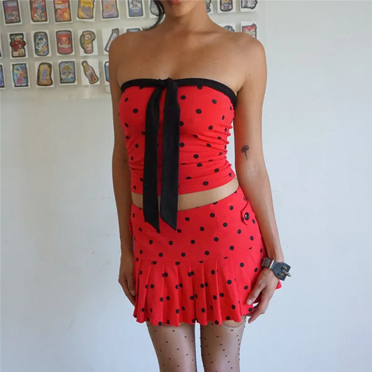 Red Polka Dot Strapless Bow Tube Top And Pleated Mini Skirt Set