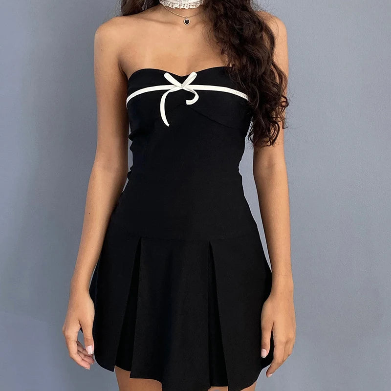 Black Tube Strappy Bow Design Mini Dress