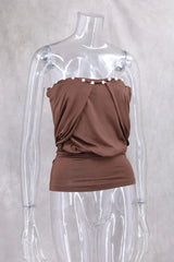 Brown Button Up Off-Shoulder Top