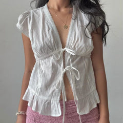 Ruffles Hem Short Sleeve Bow Tie Crop Top