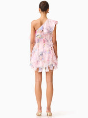 Pink Printed One Shoulder Multi-layered Ruffles Mini Dress
