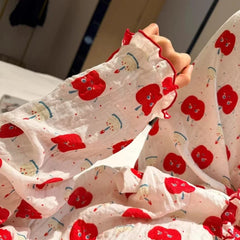 Red Apple Print Collar Long Sleeve Shirt And Pants Pajama Set