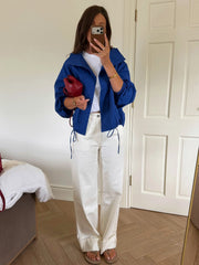 Blue High Neck Ruched Sleeve Adjustable Hem Jacket