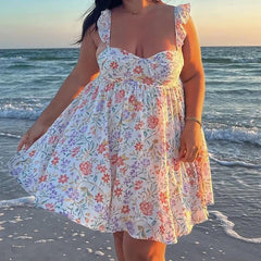 Floral or solid frill strap flowy mini dress.