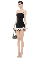 Black Frill Trim Strappy Mini Dress