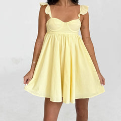 Floral or solid frill strap flowy mini dress.