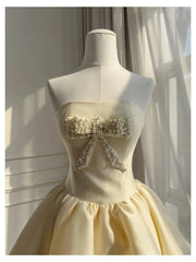 Yellow Strapless Bowknot Puffball Mini Dress
