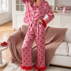 Polka Dot Satin Feather Cuff Shirt And Long Trousers Set