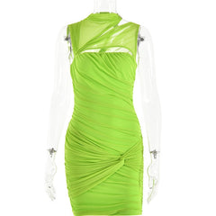 Green Mesh Ruched Neck Cut Out Design Bodycon Mini Dress - Free From Label