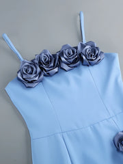 Spaghetti Strap 3d Flower Applique Slit Midi Dress