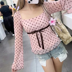 Polka Dot Mesh Flare Long Sleeve Bow Top