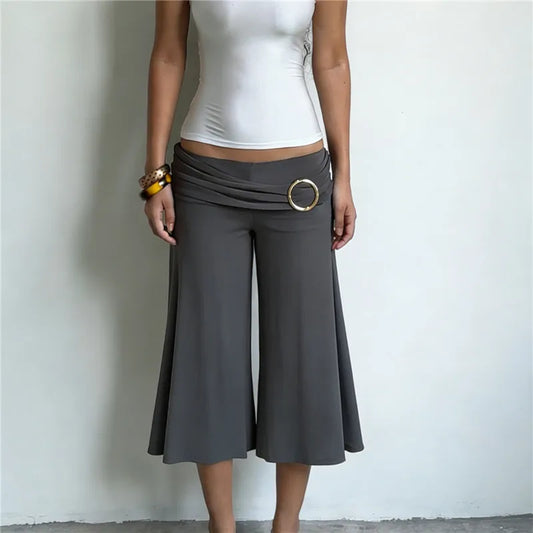 Metal Ring Waist Low Waist Wide Leg Cropped Pants