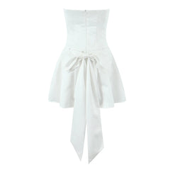 White Satin Tulle Back Bow Mini Strapless Dress