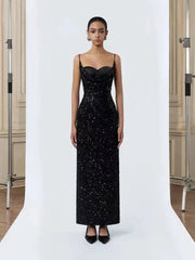 Black Sequin Strappy Bustier Maxi Dress