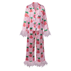 Christmas Feather Trim Satin Long Sleeve Button Down Top And Pants Pajama Set