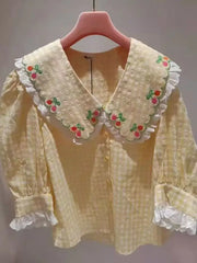 Plaid Peter Pan Collar Puff Sleeve Embroidery Blouse