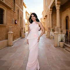 Pink Halter 3D Flower Ruffle Maxi Dress