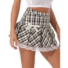 Bow Trim Plaid Ruffle Hem Pleated Mini Skirt