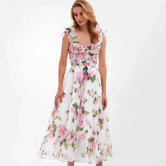 Floral Print Tie Up Buster Flare Mesh Midi Dress